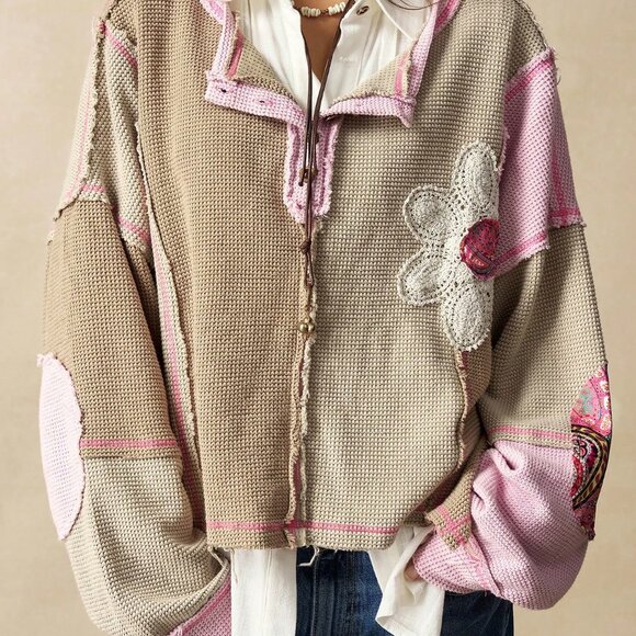 Multicolor Casual Women's Knit Color Block Loose Fit Sweatshirt - Picture 5 of 7